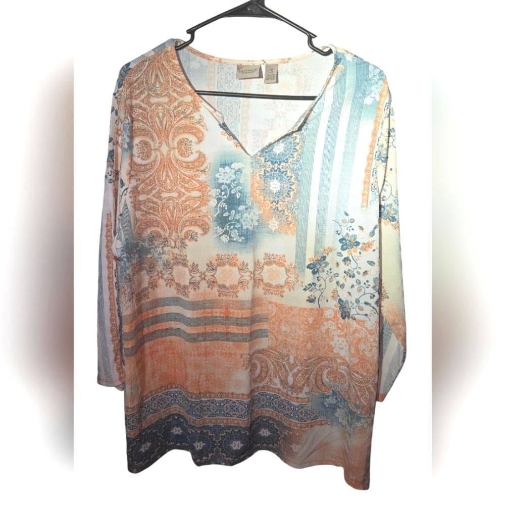 Easywear by Chicos V-neckline orange and blue blouse, Size 3